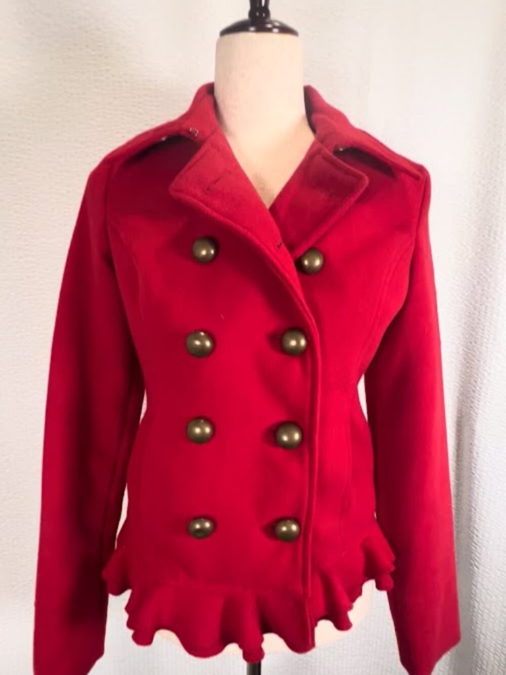 PreVett Women’s Red Ruffle Hem Coat Sz Small – Double Breasted, Chic & Feminine